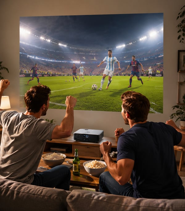 Two friends watching football on the projector screen