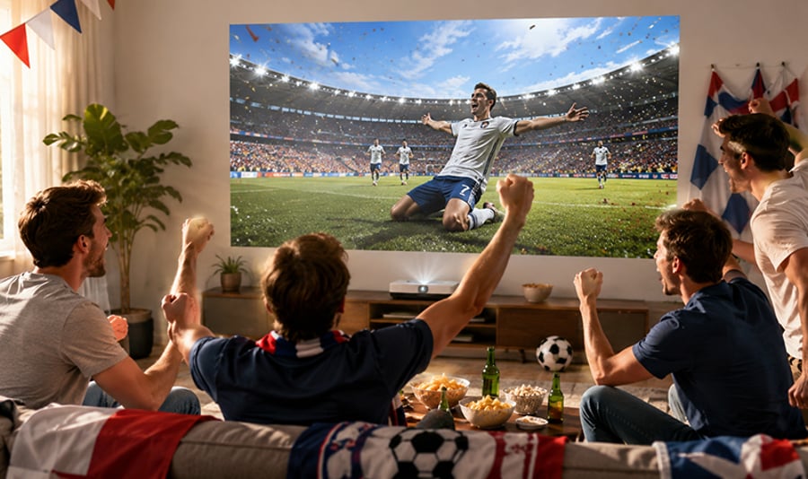 Friends cheering at football on a 100-inch projector screen