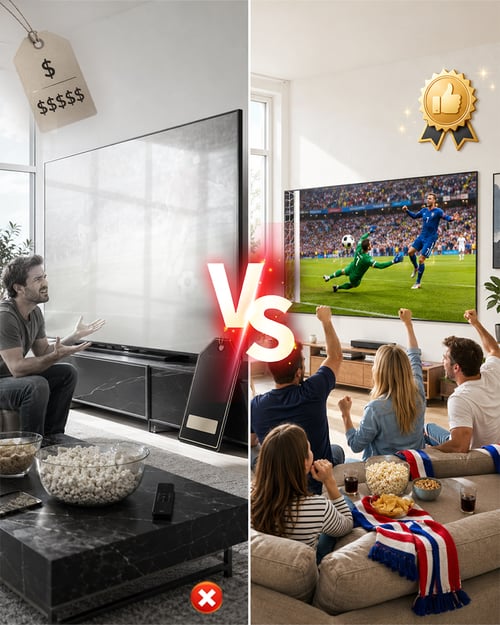 Expensive TV compared with a big projector screen